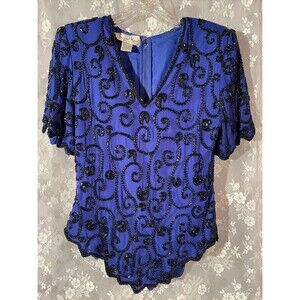 Vintage 80s Laurence Kazar Blue Silk Beaded Blouse Size S Art Deco Cocktail Glam